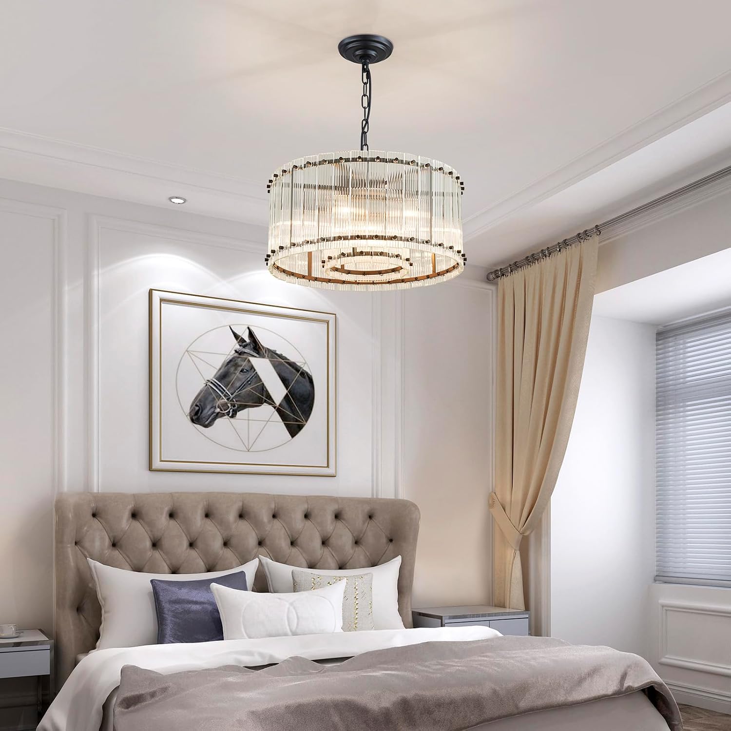 Saint Mossi Modern Glass Chandelier Light Fixture, Doule Layer Drum Pendant Modern Chandelier Lighting with 7-Light, Black Finish