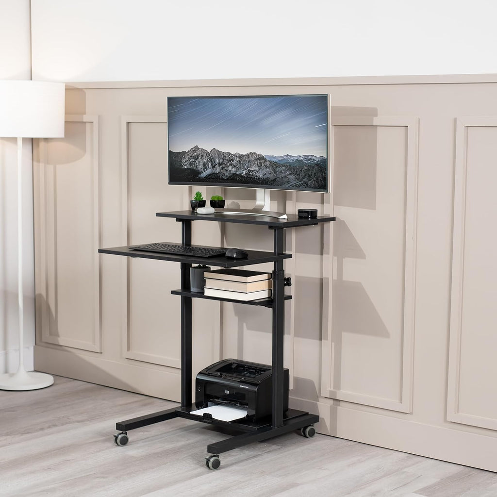 VIVO Mobile 28 inch Standing Desk Workstation, Height Adjustable Rolling Laptop Cart with Storage, Black, CART-V02DB