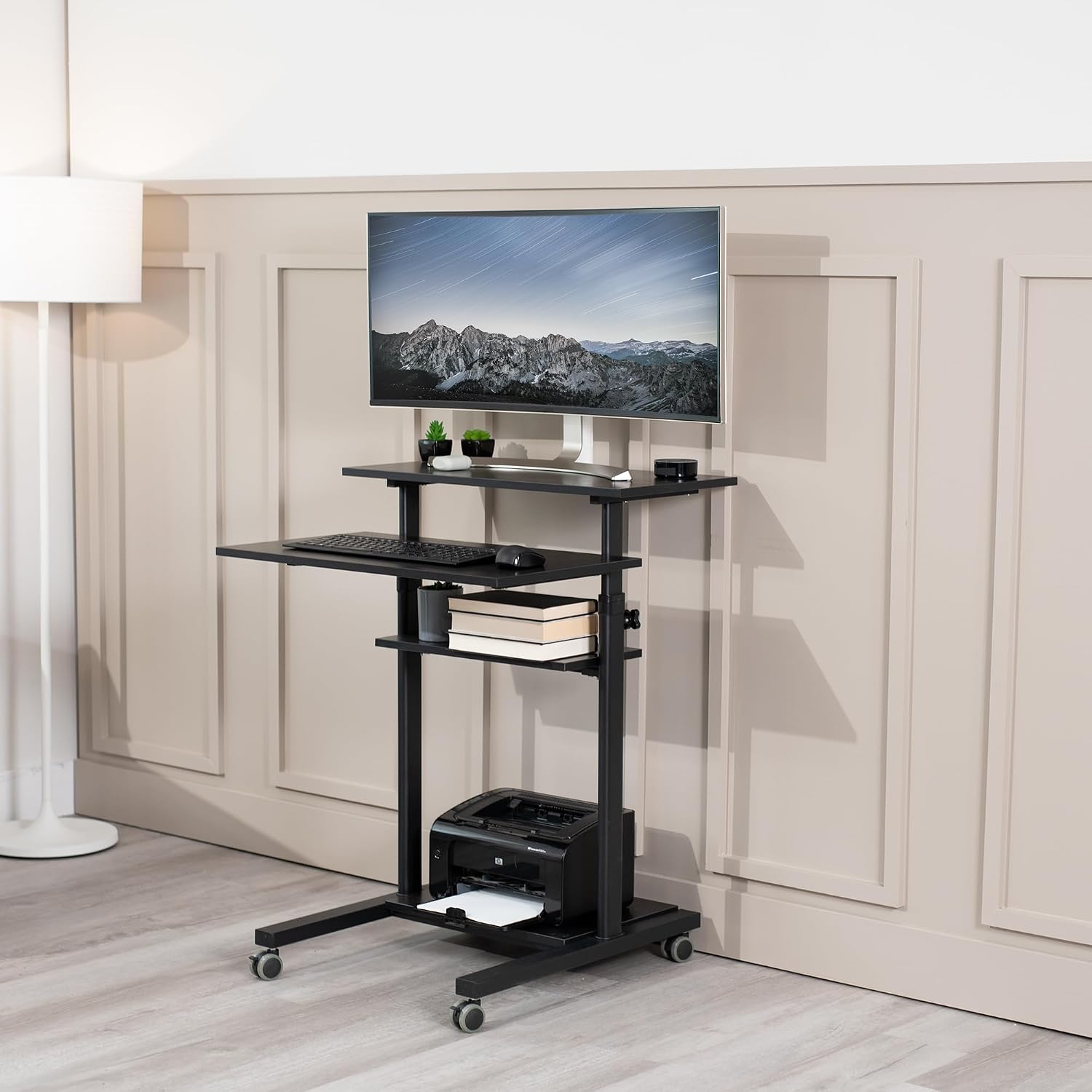 VIVO Mobile 28 inch Standing Desk Workstation, Height Adjustable Rolling Laptop Cart with Storage, Black, CART-V02DB