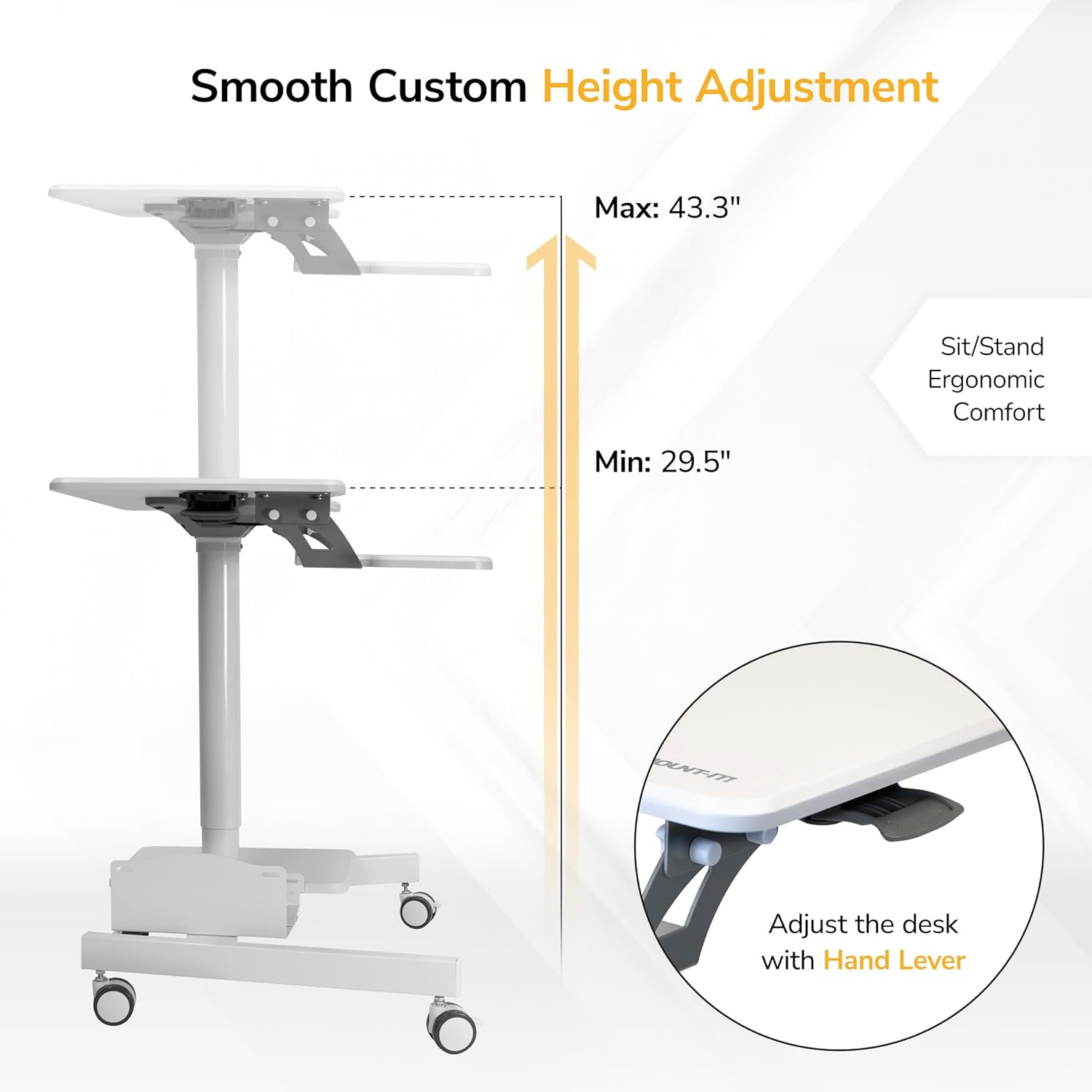 Mount-It! Mobile Computer Cart, Height-Adjustable Rolling Workstation with 28' Desktop, Keyboard Tray, Storage Shelves & Locking Wheels, Mobile Computer Stand for Office, Classroom, or Home