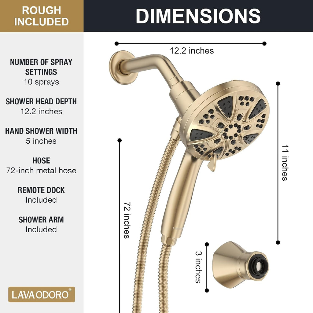 LAVA ODORO Handheld Shower Head with Magnetic Docking System, 9-Function High Pressure Detachable Shower Head, 5-inch Showerhead with 72 Inch Hose, Remote Dock, Champagne Gold, SH180-CB-D