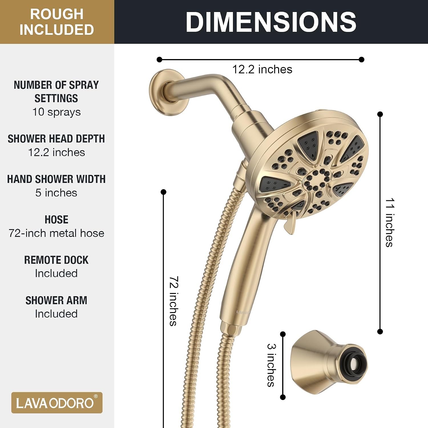 LAVA ODORO Handheld Shower Head with Magnetic Docking System, 9-Function High Pressure Detachable Shower Head, 5-inch Showerhead with 72 Inch Hose, Remote Dock, Champagne Gold, SH180-CB-D