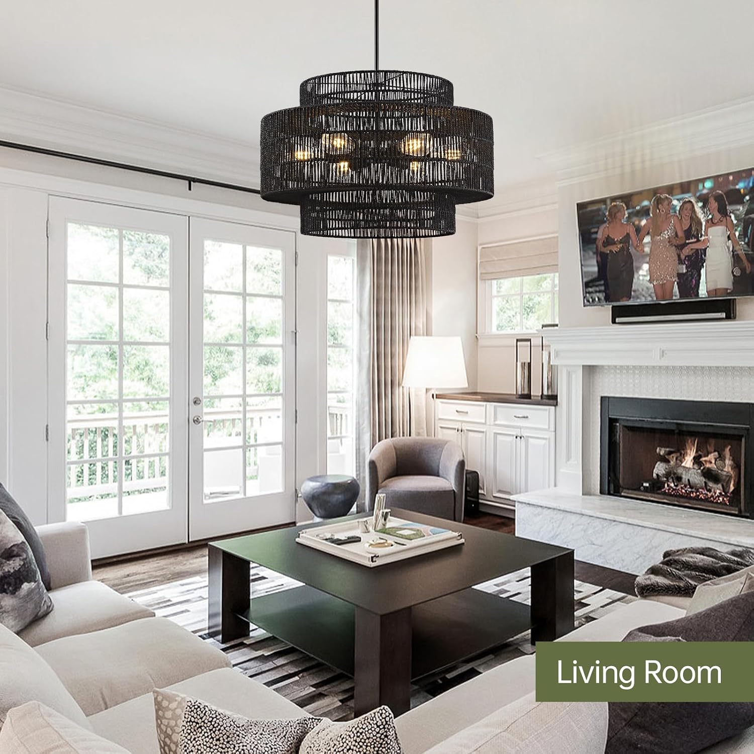 24' Black Boho Large Rattan Chandelier Light Fixture,6-Light Large Hand Woven Pendant Light Fixture Farmhouse Rustic Chandeliers for Kitchen Bedroom, Dining Room, Living Room, Hallway, Foyer