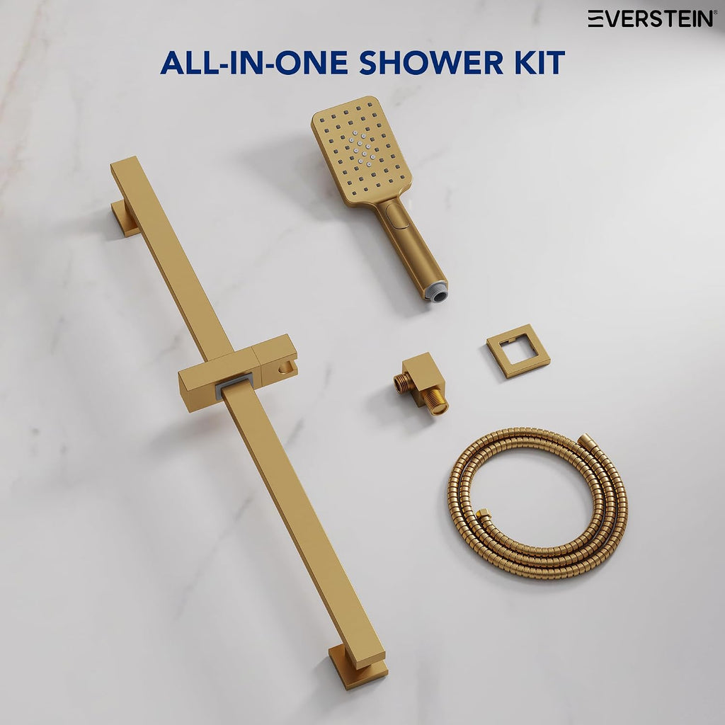 EVESTEIN Adjustable Hand Held Shower with Slide Bar, 3-Function Handshower Head with Hose, Brushed Gold