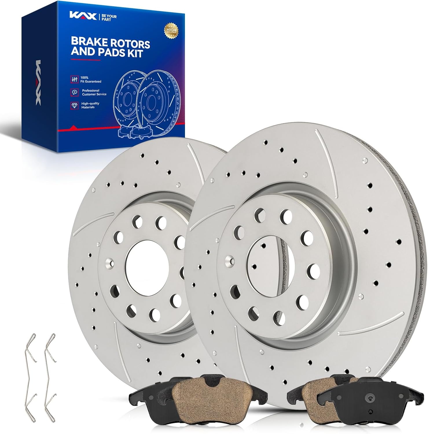 KAX Front Rotors and Brake Pads kit for Volkswagen Passat Tiguan Audi Q3, Drilled and Slotted Disc Brake Rotor Ceramic Brake Pads Replacement (#34279+D1375, 12.28inch, 312MM)