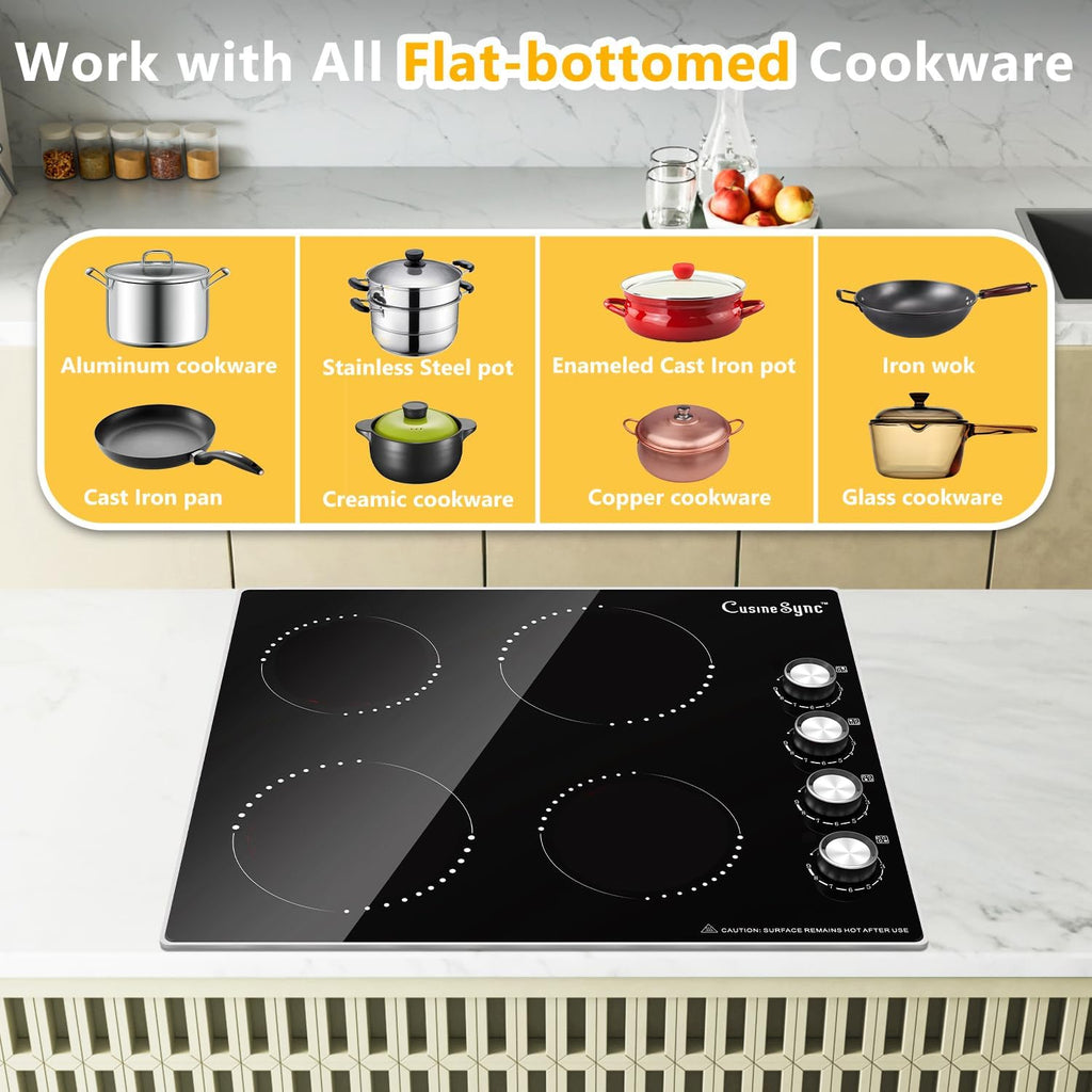 24 Inch Electric Cooktop, 4 Burner Ceramic Stove with 9 Power Levels, Knob Control, Auto shutdown and Residual Heat Warning, 6000W, 220-240V for Hard Wire
