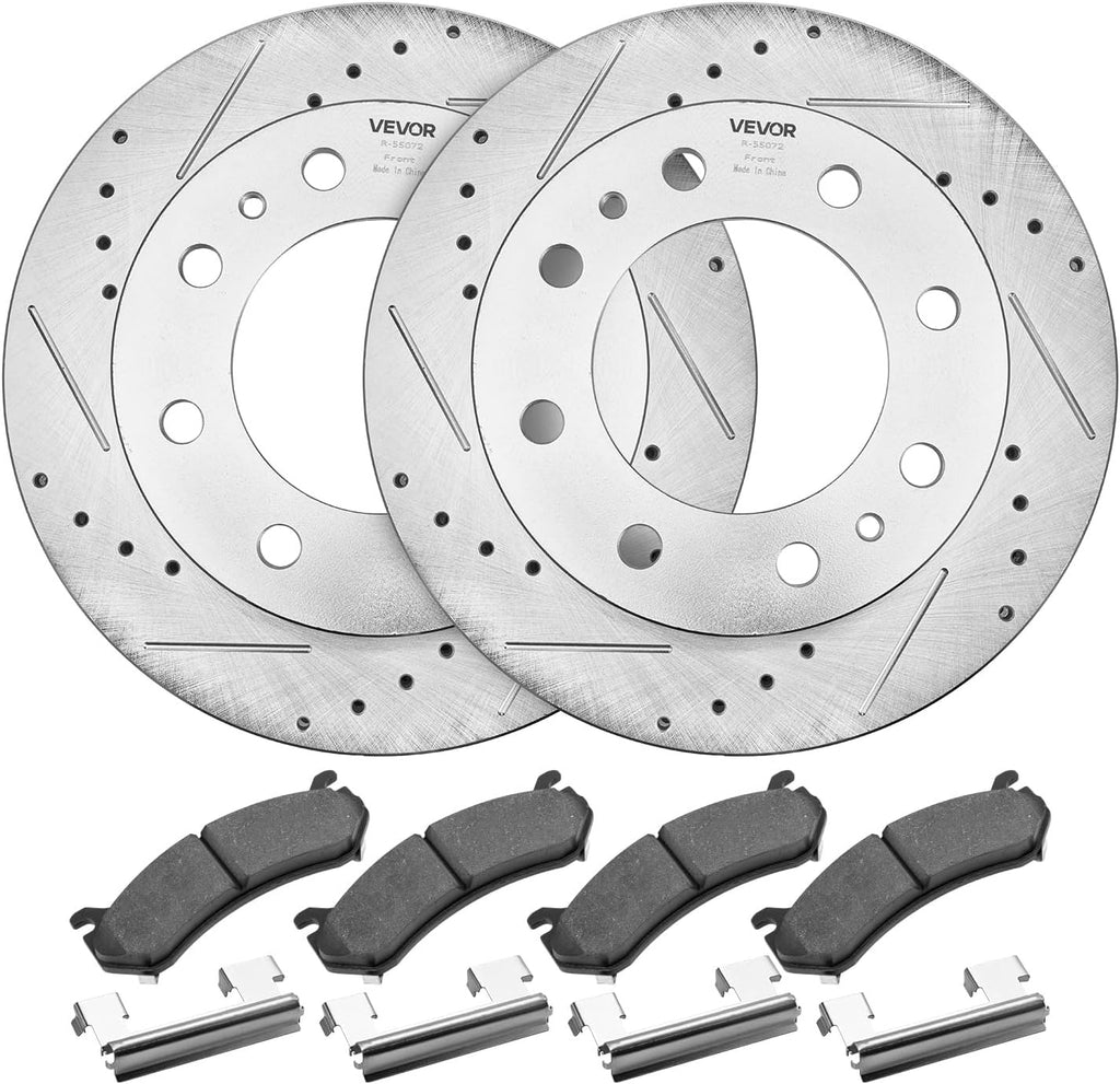 VEVOR Front and Rear Brake Kit Compatible with 2002-2006 Chevrolet Avalanche 2500 (8 STUD), 2002-2004 Chevrolet Silverado 2500 (Models w/Manual Transmission ONLY), Drilled & Slotted Brake Rotors