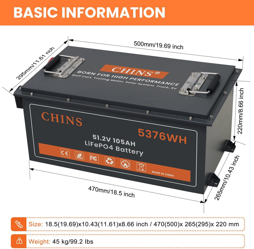 48 Volt Lithium Battery for Golf Cart, 200A BMS - 1000A Peak Current, with Touch Monitor & Mobile APP, 5000+ Cycles 48V 105AH Lithium Battery with 48V 18A Charger