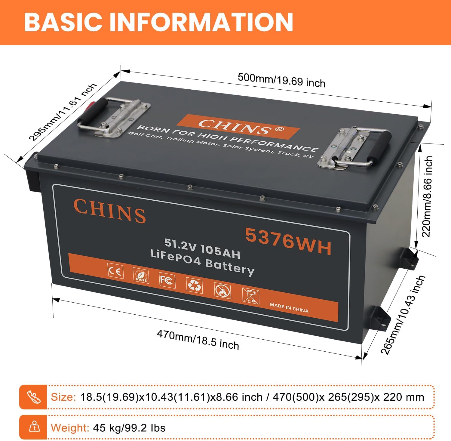 48 Volt Lithium Battery for Golf Cart, 200A BMS - 1000A Peak Current, with Touch Monitor & Mobile APP, 5000+ Cycles 48V 105AH Lithium Battery with 48V 18A Charger