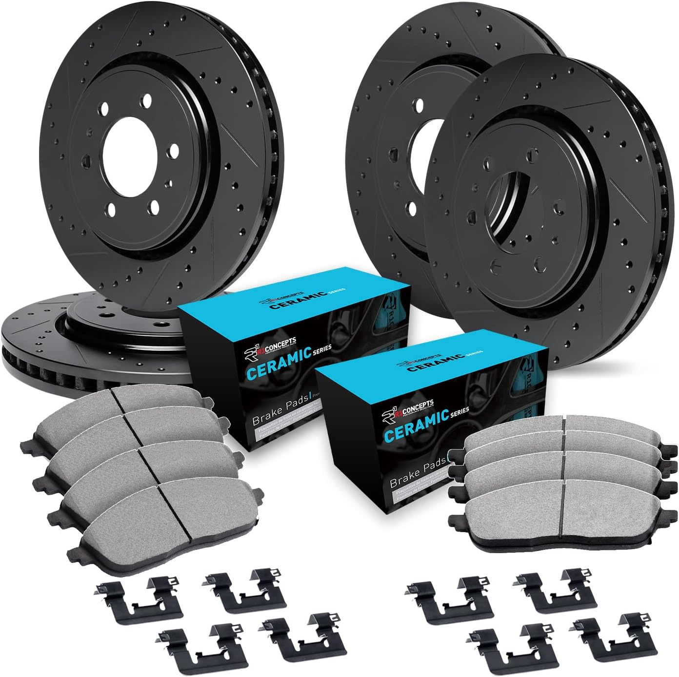 R1 Concepts Front and Rear Brake Kit Fits 2015-2020 Cadillac Escalade, Chevrolet Suburban, Chevrolet Tahoe, GMC Yukon| Ceramic Pads, Drilled Slotted Rotors| Hardware| 13.0' Front & 13.6' Rear