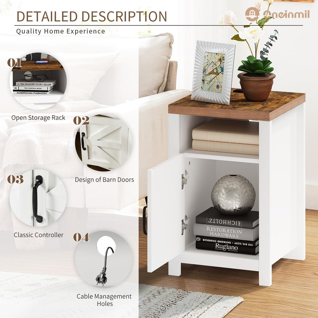 oneinmil End Table with Charging Station, Farmhouse Nightstand with Barn Door, Sofa Side Table with Storage Space 2-Piece Set, Suitable for Livingroom and Bedroom,White