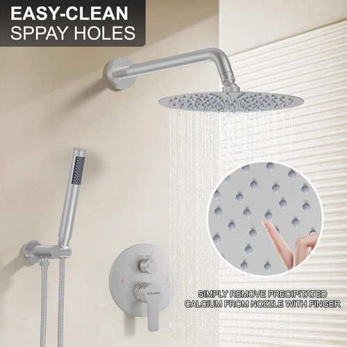 12-Inch Brushed Nickel Shower System: Ultimate High-Pressure Experience with Rainfall & Handheld Heads, Wall-Mounted Mixer, Rough-In Valve, & Trim Kit