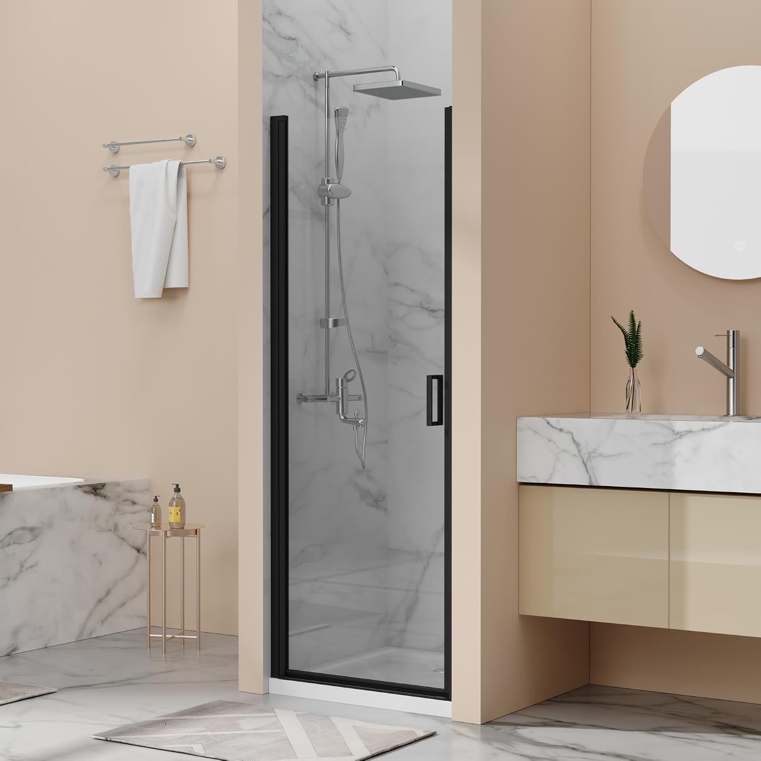 28' x 72' Pivot Shower Door, 1/4 inch Tempered Glass Panel Pivot Swing Shower Door in Matte Black Finish, Semi-Frameless Design