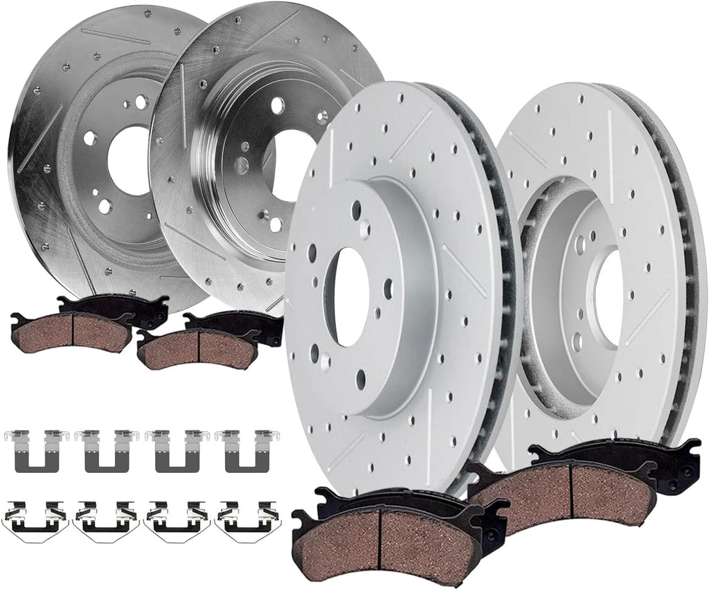 Detroit Axle - 8pc Brake Kit for 2014-2020 Acura RLX, Drilled and Slotted Disc Brakes Rotors Ceramic Brake Pads 2015 2016 2017 2018 2019 Replacement: 12.28' inch Front and 12.20' inch Rear Rotors