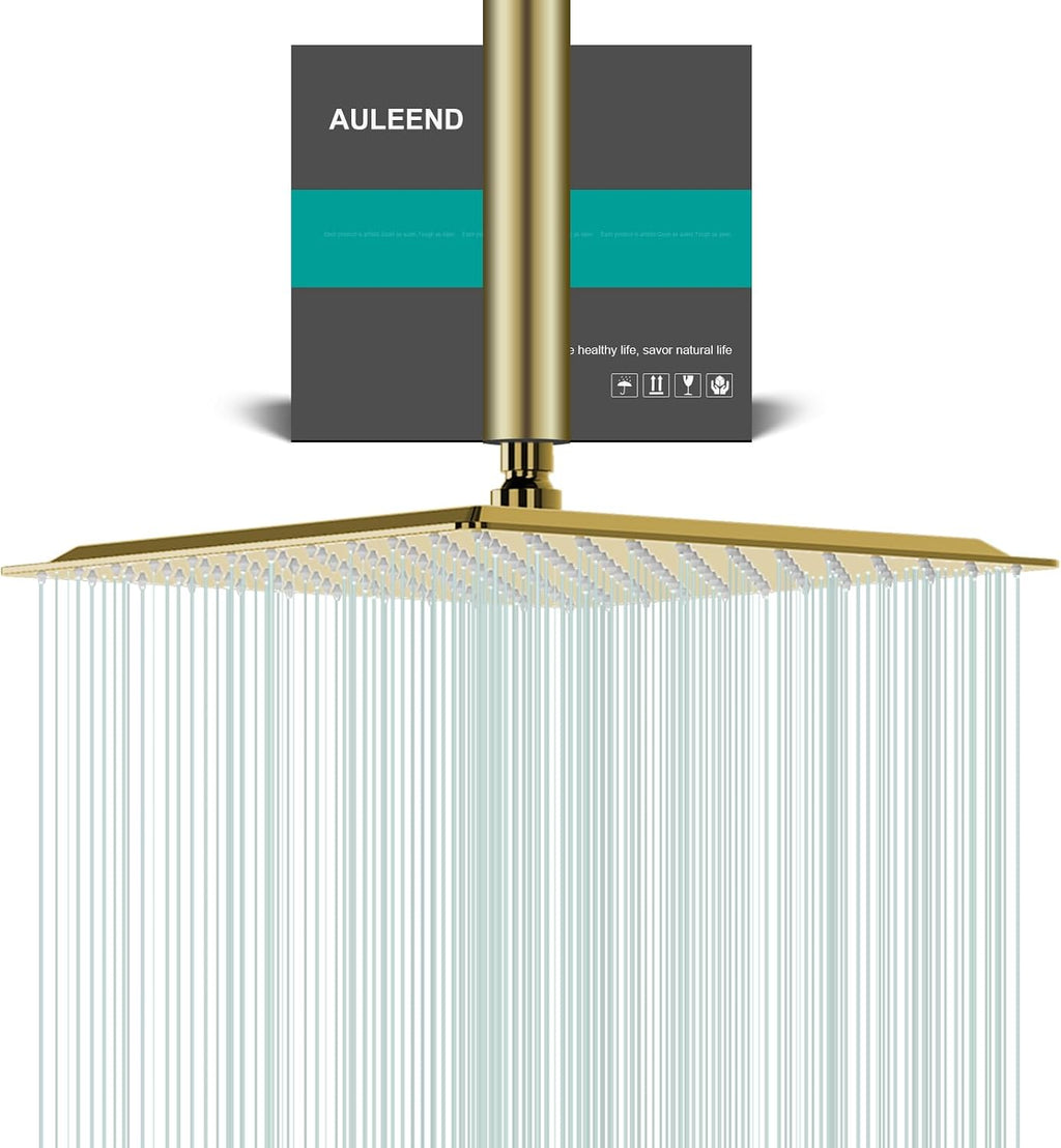 Square Rain Shower Head, High Flow Stainless Steel,Work with any decorative style，All Metal Rainfall Shower Head (Brushed Gold, 12)