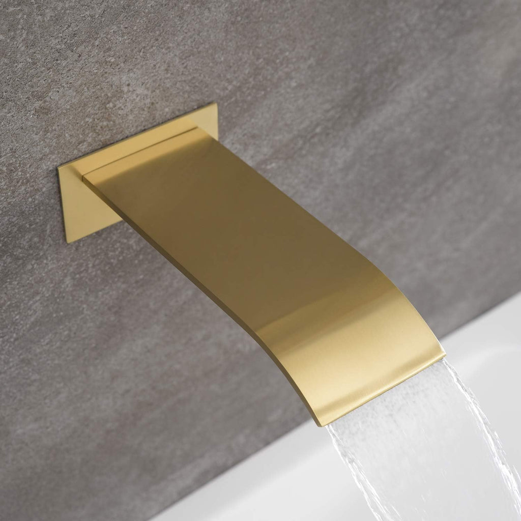 sumerain Wall Mount Tub and Shower Faucet Set Brushed Gold with 8 Inch Shower Head, Waterfall Tub Spout and Anti-scalding Pressure Balance Valve