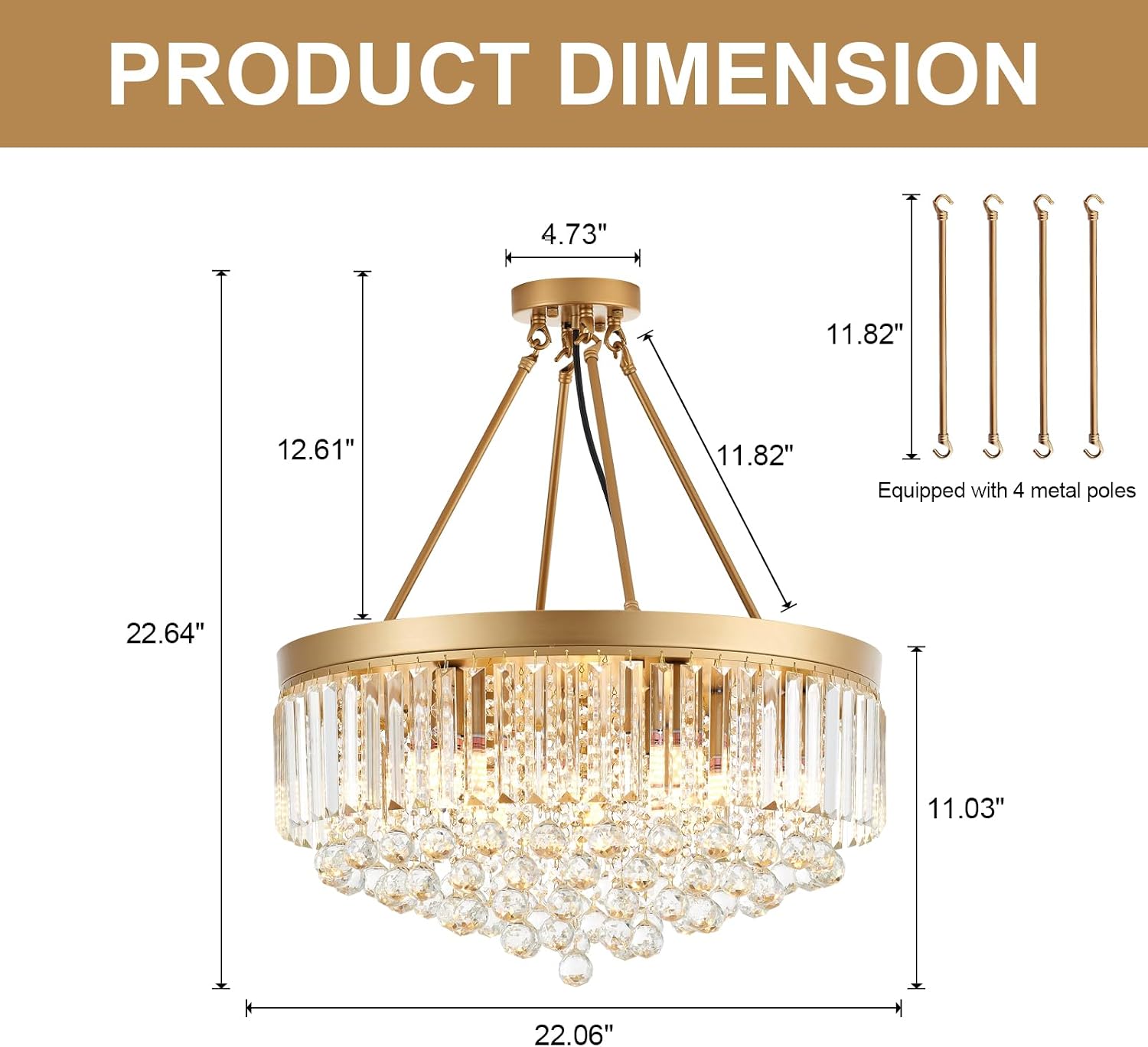 9-Light Gold Crystal Chandelier Contemporary 22'' Modern Semi Flush Mount Crystal Hanging Light Sparkling Decoration for Bedroom Entryway Living Dining Room Kitchen Island Hallway