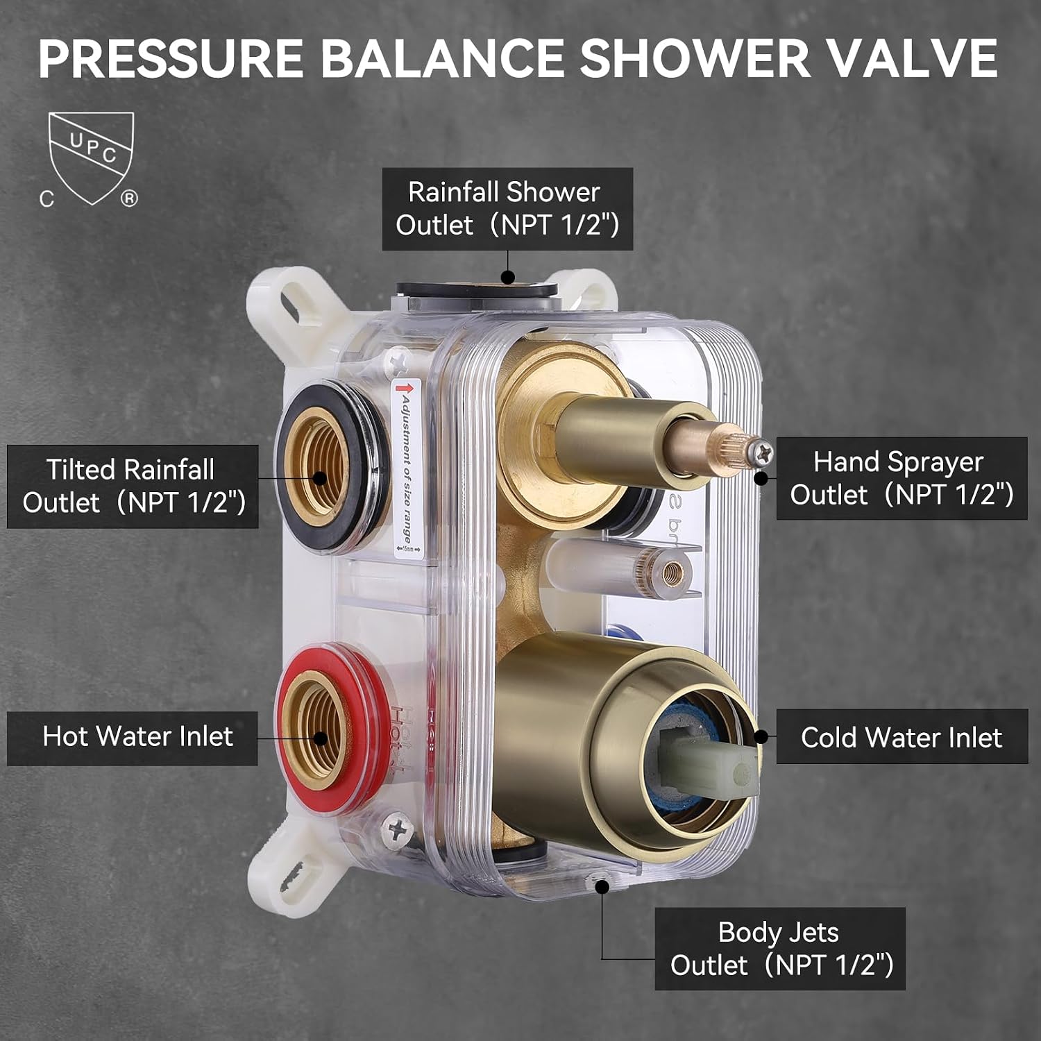 Shower System Brushed Gold Dual Shower Head with Body Jets, Oupukle Four Modes Shower Faucet Set Ceiling Mount 12' Rain Shower Head & 6' Wall Mounted Head with 6PCS Body Jets