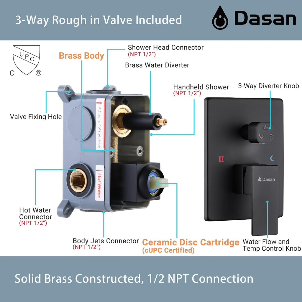 Matte Black Shower System with 4 PCS Shower Body Spray Jets & 12'' Ceiling Shower Head & Handheld Spray, DASAN Full Body Shower Faucet System with Jets Rainfall Shower Combo Set, SA-SS03BMB-S12C