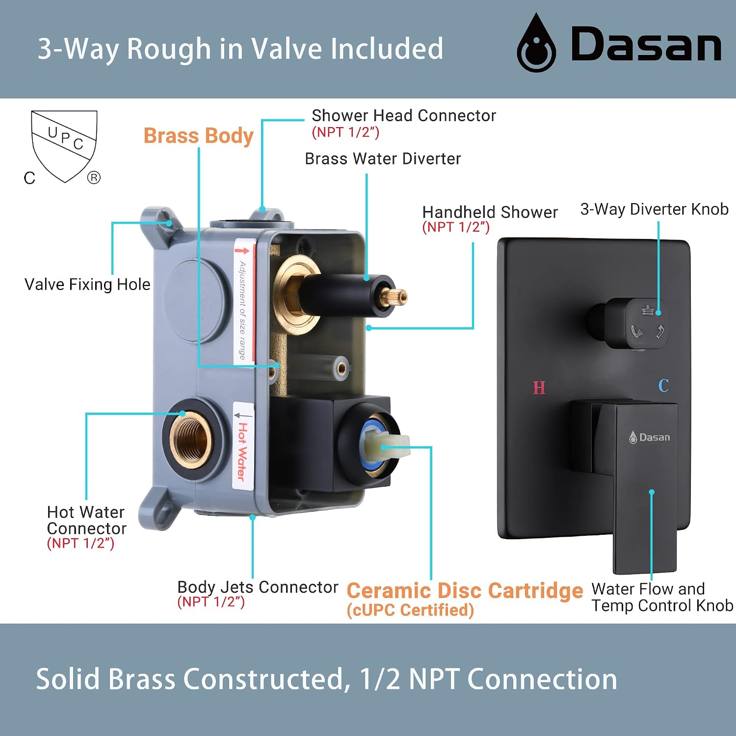 Matte Black Shower System with 4 PCS Shower Body Spray Jets & 12'' Ceiling Shower Head & Handheld Spray, DASAN Full Body Shower Faucet System with Jets Rainfall Shower Combo Set, SA-SS03BMB-S12C