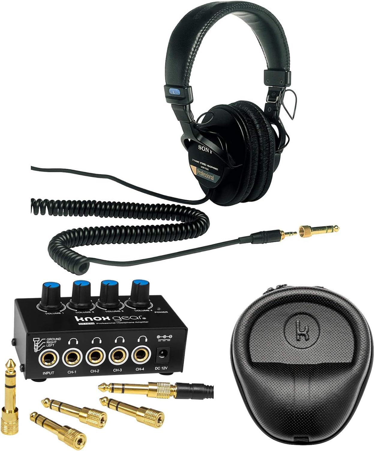 Sony MDR7506 Professional Closed Ear Headphones Bundle with FocusProAudio Compact 4-Channel Stereo Headphone Amplifier with DC 12V Power Adapter and Hard-Shell Case Bundle (3 Items)