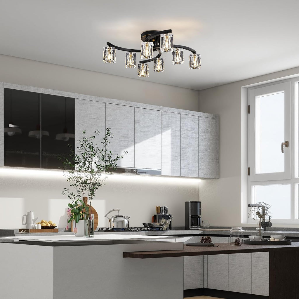 8-Light Semi Flush Mount Ceiling Light, Black and Gold Ceiling Fixture, Farmhouse Dining Room Light Fixture with K9 Crystal Shade, Modern Chandelier for Living Room,Bedroom,Entryway