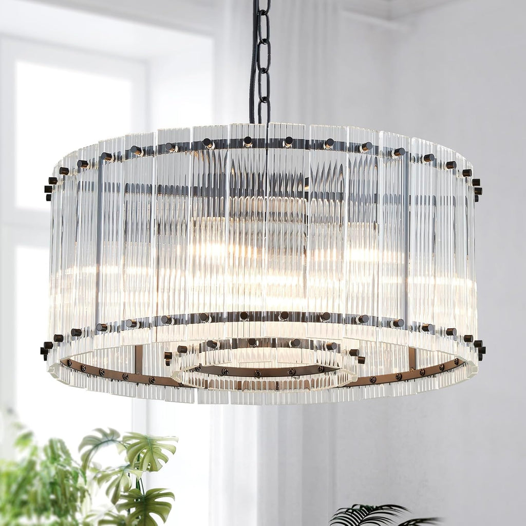Saint Mossi Modern Glass Chandelier Light Fixture, Doule Layer Drum Pendant Modern Chandelier Lighting with 7-Light, Black Finish