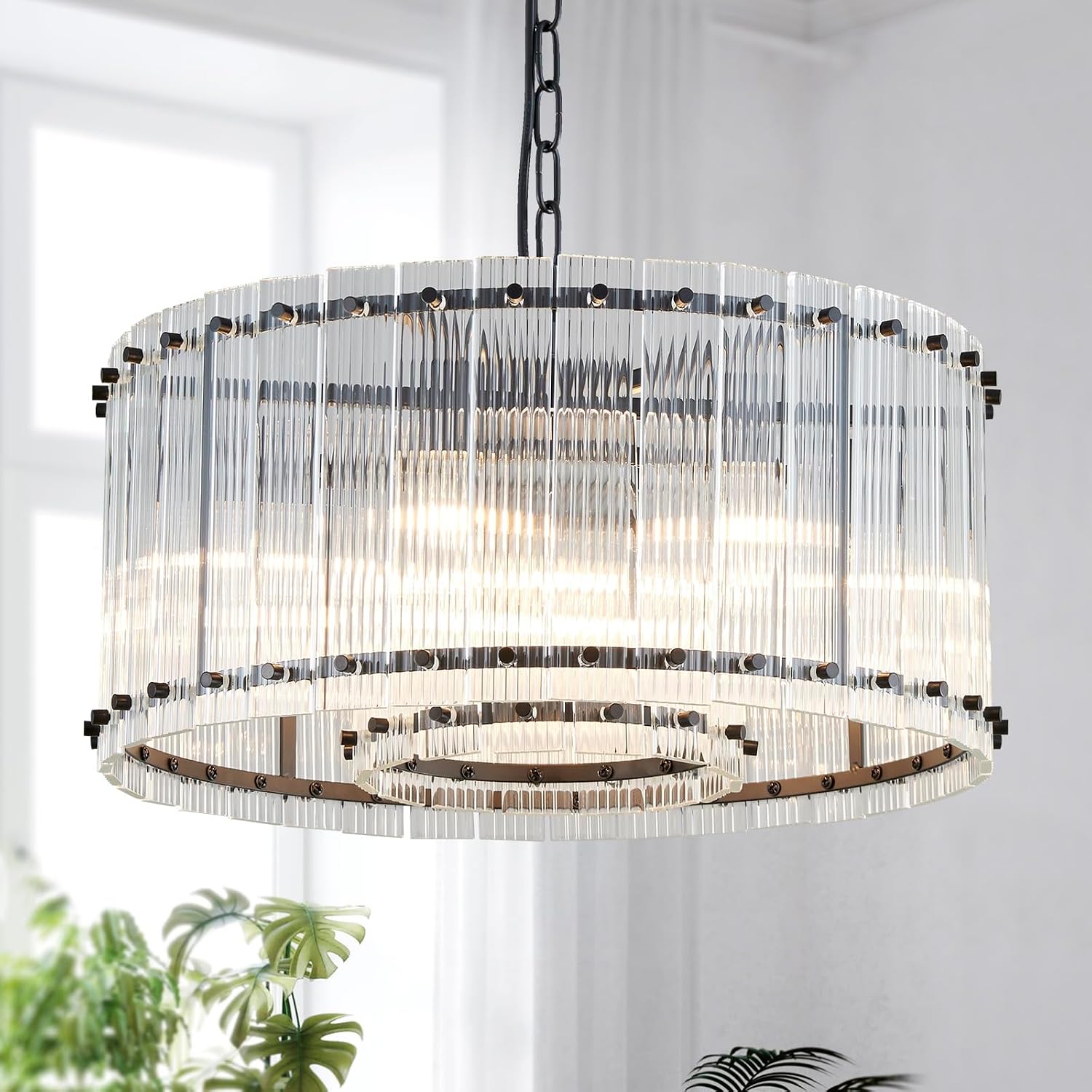 Saint Mossi Modern Glass Chandelier Light Fixture, Doule Layer Drum Pendant Modern Chandelier Lighting with 7-Light, Black Finish