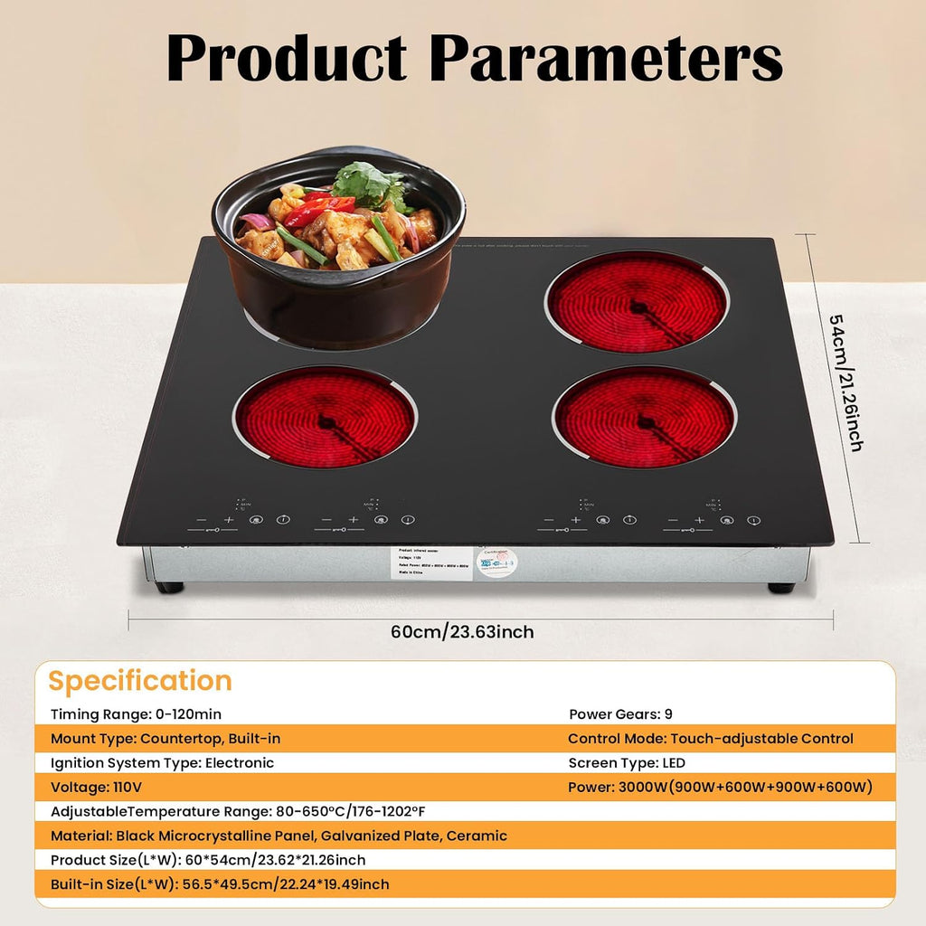 4 Burner Electric Cooktop 110v, 24 Inch Electric Stove Countertop & Built-in, Cooktop with 9 Power Levels, Sensor Touch Control, Safety Lock, Timer, 3000W, No Plug (4 Burners)
