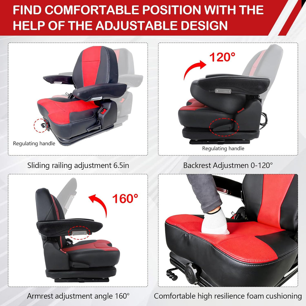 hightall Lawn Mower Seat with Cover,Spring-Dampers Heavy Duty Tractor Suspension Seat for Zero Turn Mower Tractor Excavator Harvester Forklift,Adjustable Slide Rails/Armrest,Seatbelt