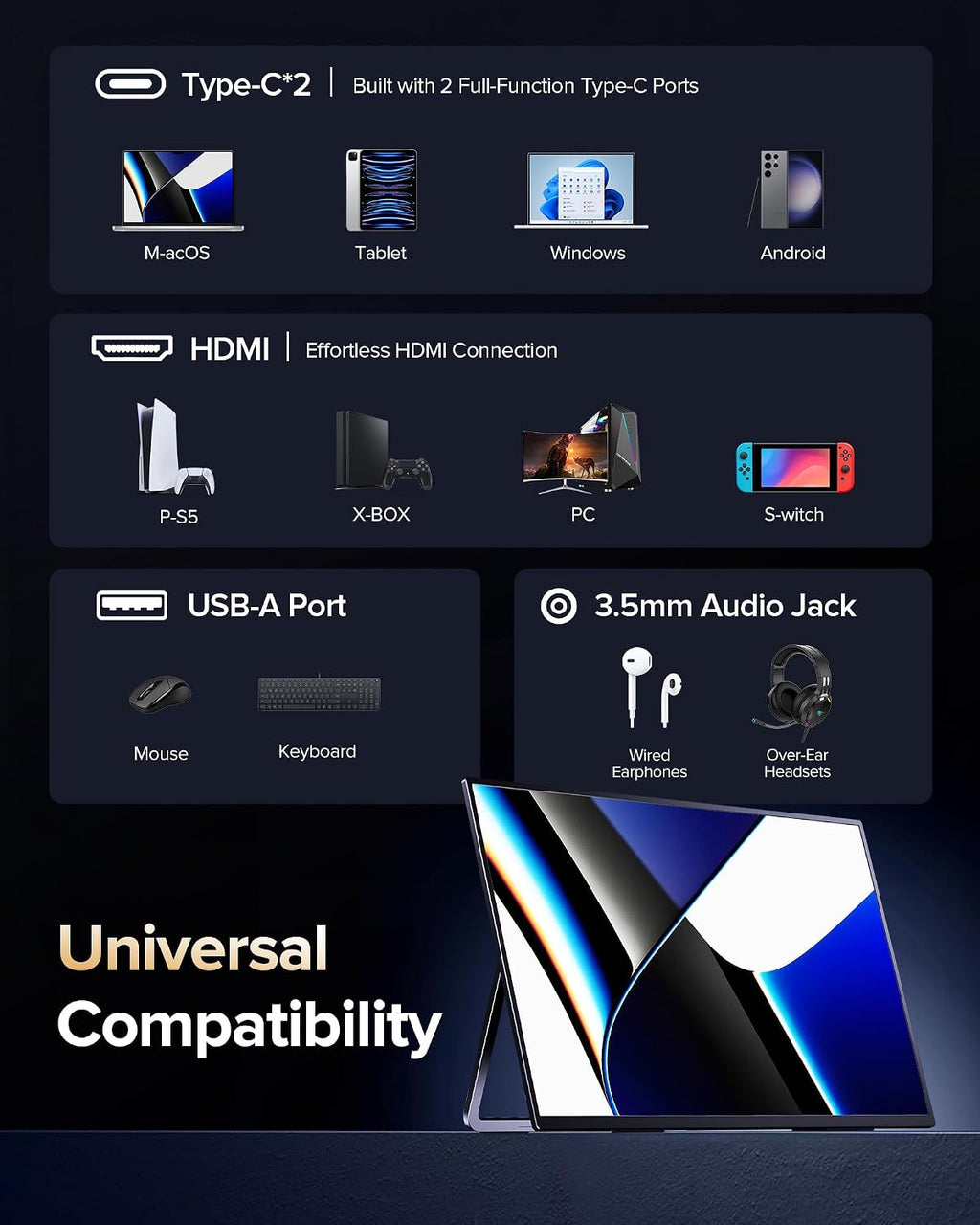 23.8'' QLED Portable Monitor 144Hz Gaming Monitor, 145%sRGB | 2000:1 | FreeSync Built-in Adjustable Stand, Speaker and VESA, USB-C HDMI Large Second Screen for Laptop, Mac-book, PC, Game Console