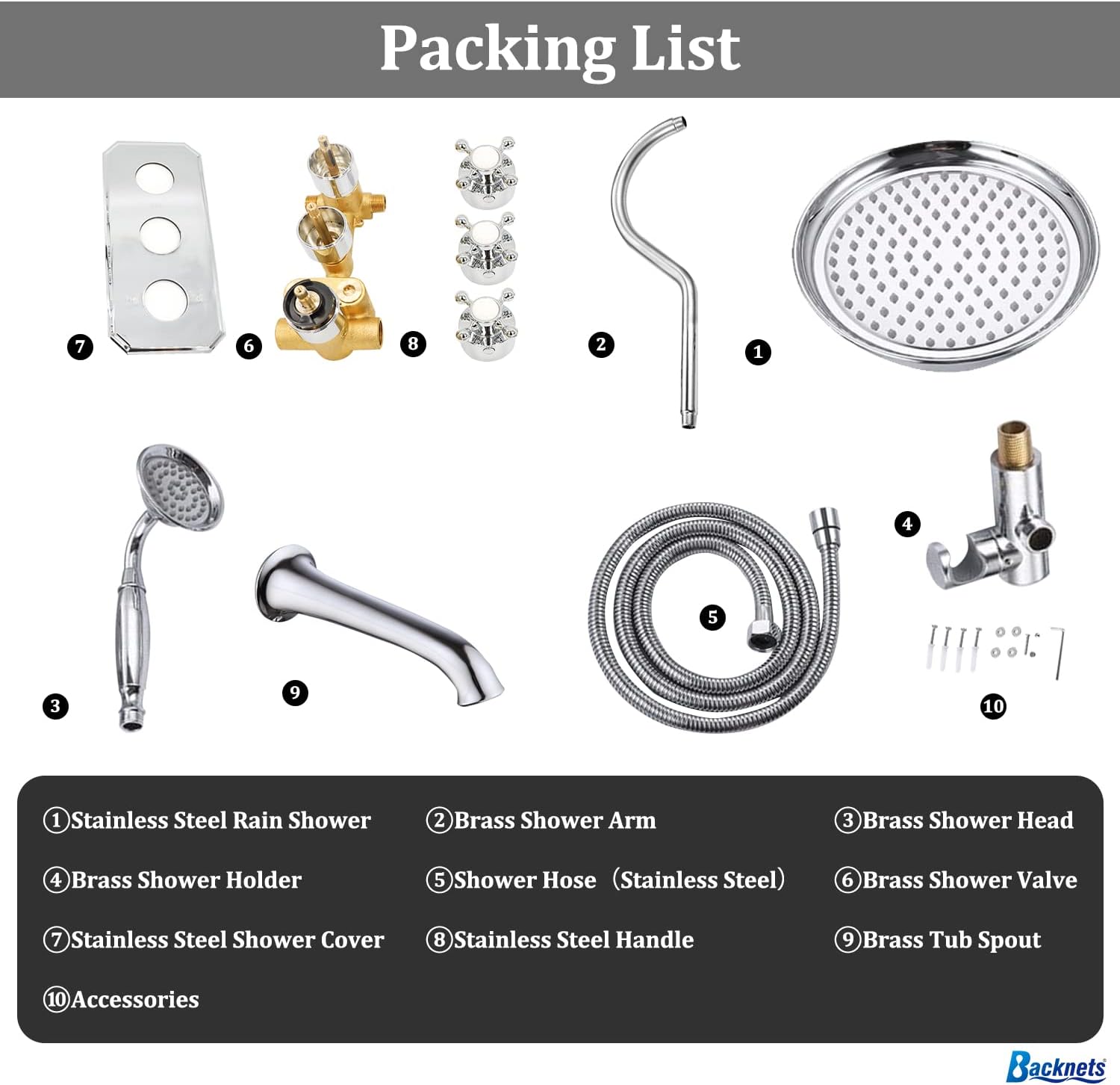 All Metal Thermostatic Shower System with Tub Spout Backnets Wall Mounted Shower Faucet Set for Bathroom with 9 Inch Rain Shower Head and Handheld, Rough-in Valve Body and Trim kit, Polished Chrome