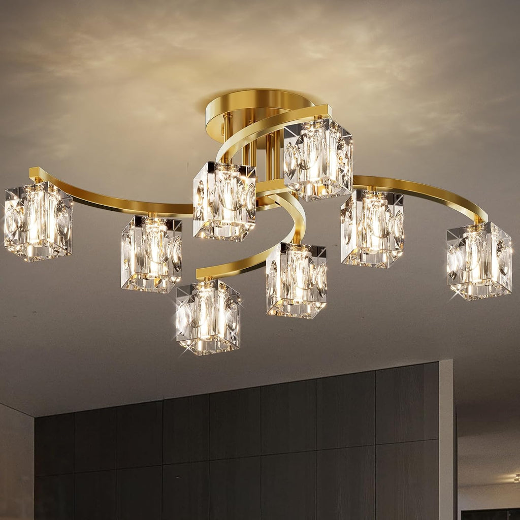 Gold Semi Flush Mount Ceiling Light Fixture, 8-Light Modern Chandelier with K9 Crystal for Living Room, Bedroom, Kitchen，Entryway Light