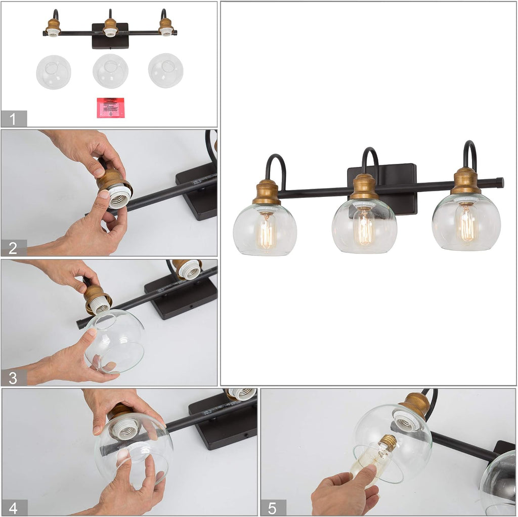 LALUZ Bathroom Light Fixtures, Vanity Lights with Oil Rubbed Bronze Finish, Antique Gold Socket, Clear Glass Shade, 22.5'' L x 7'' W x 9'' H