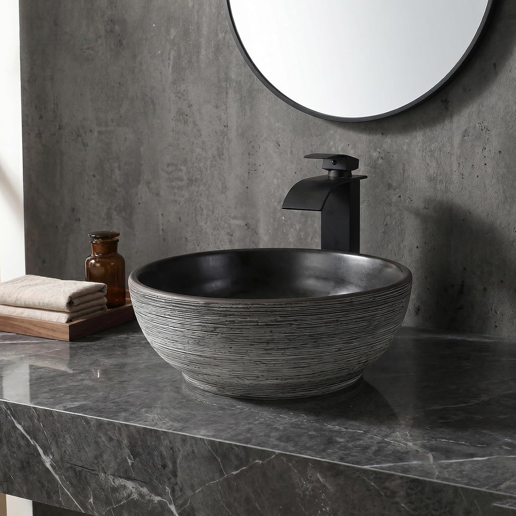 14 Inch Black Round Bathroom Vessel Sink with Waterfall Faucet and Pop-Up Drain Combo,Ceramic Vessel Sink Above Counter Round Bathroom Sink Bowl,Small Sink for Bathroom