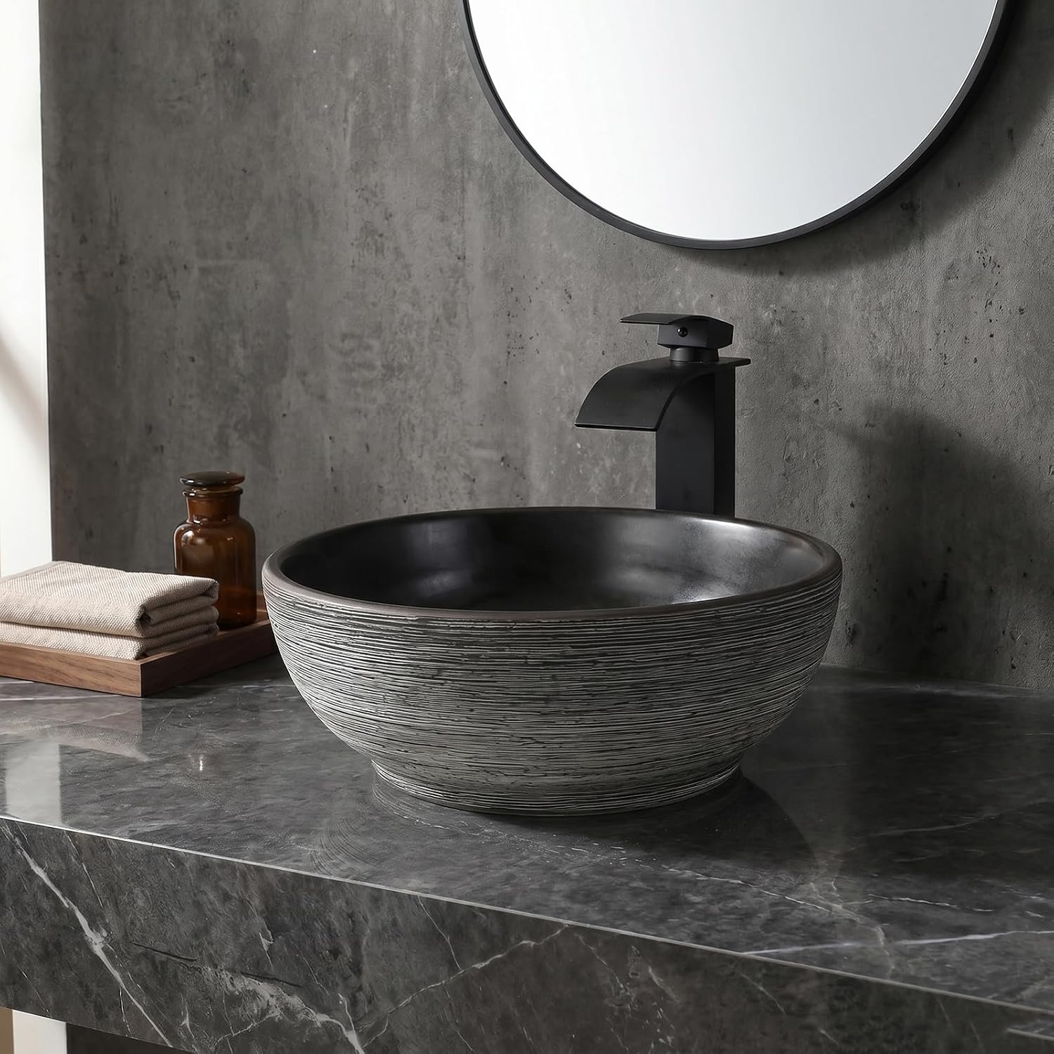 14 Inch Black Round Bathroom Vessel Sink with Waterfall Faucet and Pop-Up Drain Combo,Ceramic Vessel Sink Above Counter Round Bathroom Sink Bowl,Small Sink for Bathroom