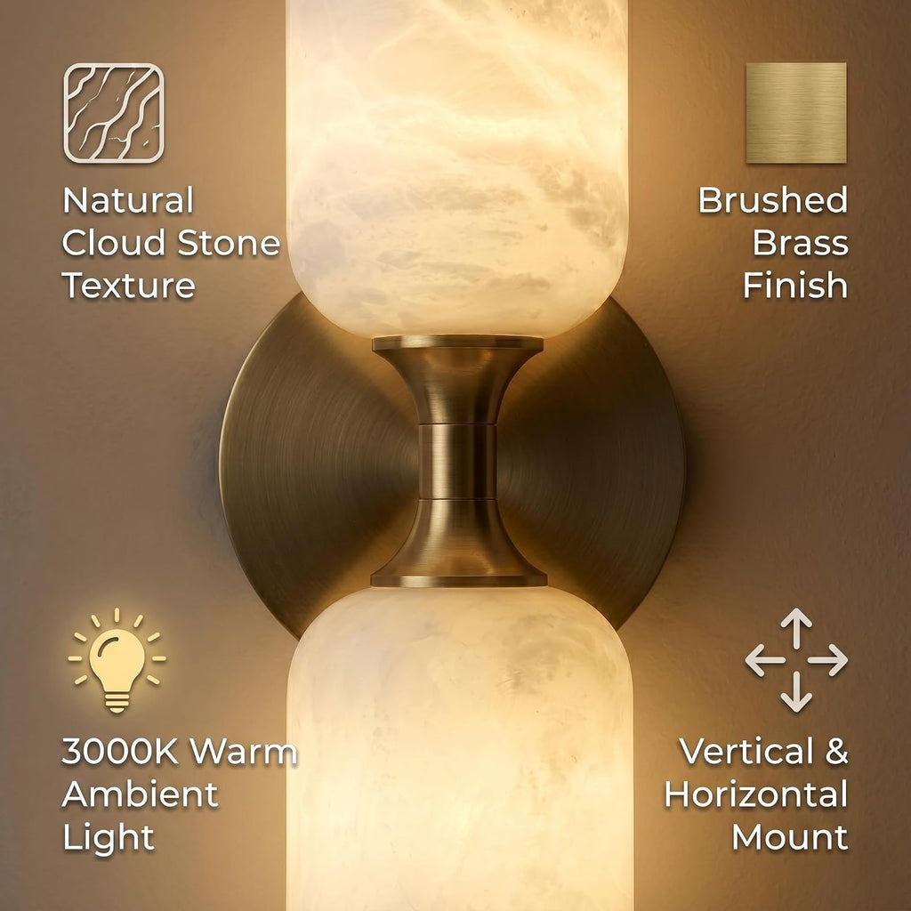 Alabaster Wall Sconces, 14' Modern Spanish Natural Marble Vanity Light, Dimmable Hardwired Brass Gold Wall Sconce Lighting for Bathroom Mirror, Bedroom, Living Room, Luxury Stone Wall Fixtures (1 Pcs)