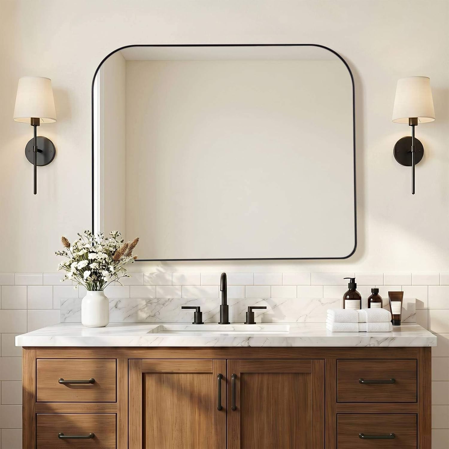 ANDY STAR 36x30 Matte Black Bathroom Vanity Mirror, Asymmetrical Soft Arch Rectangle Wall Mirror, Rust-Resistant Slim Stainless Steel Frame, Sleek 1-Inch Depth, Modern for Fireplace Mantel, Entryway