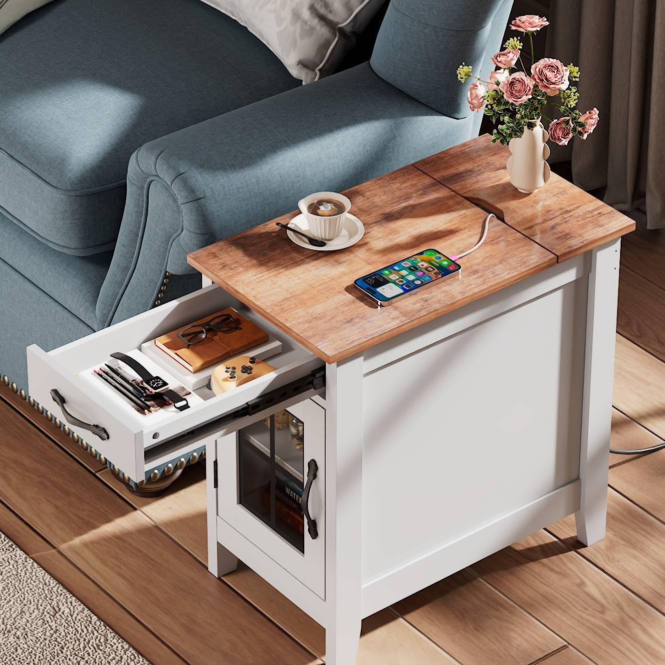 WLIVE End Table with Charging Station, Narrow Side Table for Living Room, Farmhouse Night Stand with Storage, Small Wooden Cabinet Nightstand with USB Ports and Outlets, 23.7' D x 13.78' W x 23.7' H