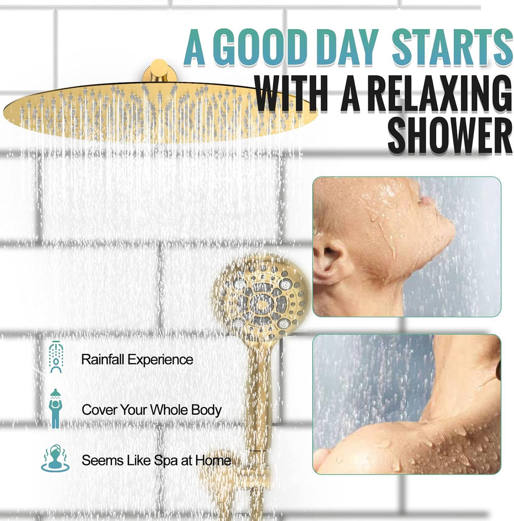 SR SUN RISE Shower Faucet - 16 Inch Multifunctional High Pressure Shower Head System with Handheld Shower Head Fixtures - Valve Included - Brushed Gold