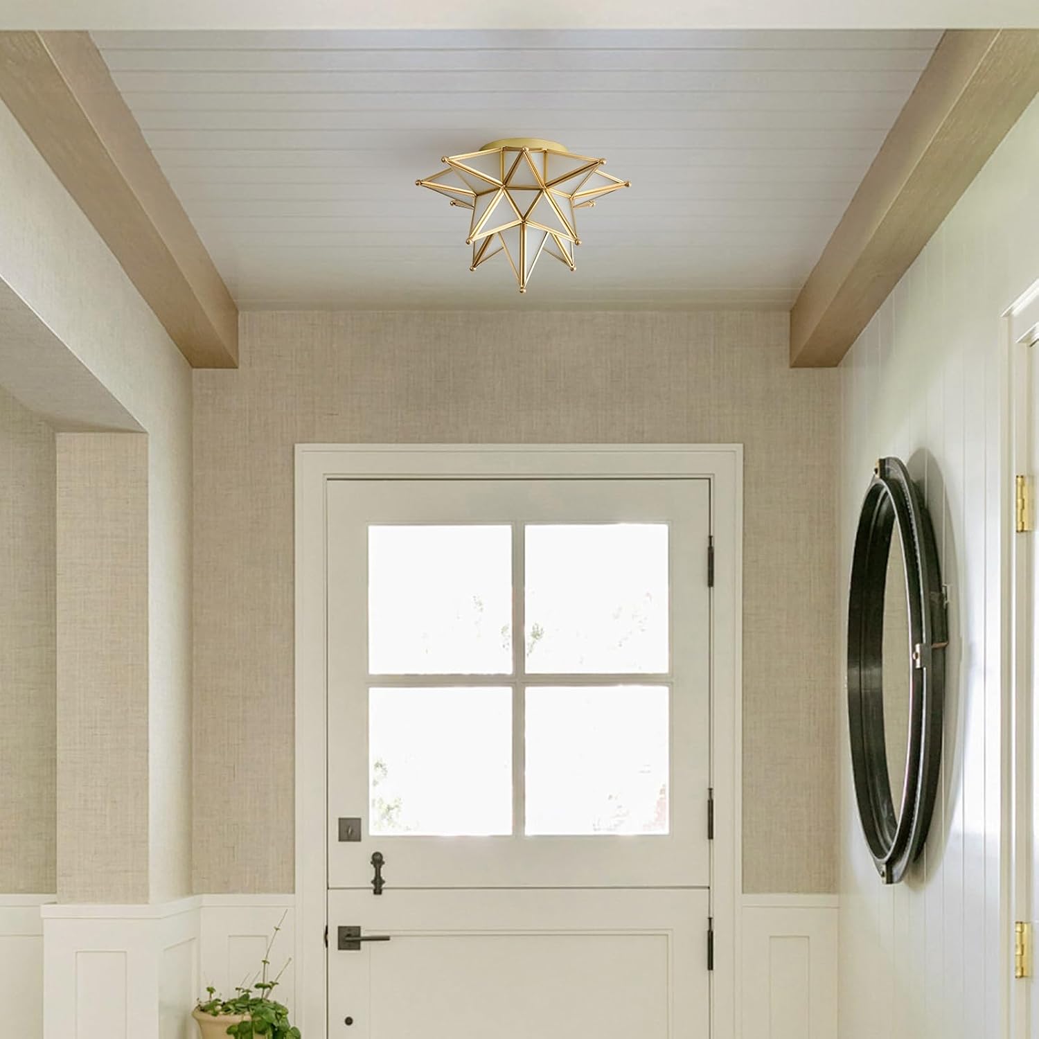 Moravian Brass Star Ceiling Light - Gold Vintage Antique Flush Mount Lighting - Art Deco Mid Century Milk Glass Fixture Lights for Hallway Bedroom Room Hall Entryway Laundry Foyer Kitchen Schoolhouse