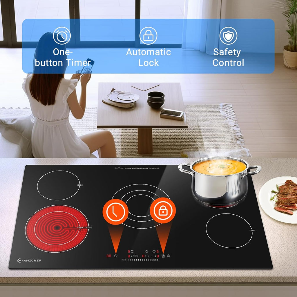 AMZCHEF 36 Inch Electric Cooktop 8900W: 5 Burner Built-in Electric Stove Top with 9 Power Lever, 2 High-Efficiency Burners Timer, Touch Control&Safety Function, Ceramic Stove for Kitchen