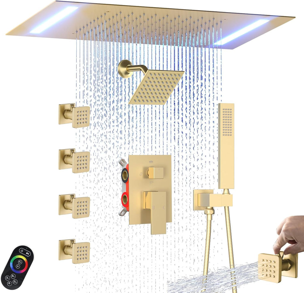ENGA Dual Rain LED Shower System, 14'x20' Large Shower Head + 6' Wall Shower, 4 Body Jets with Individual On/Off & Adjustable Water Pressure, Rainfall Shower Faucet Set, Brushed Gold