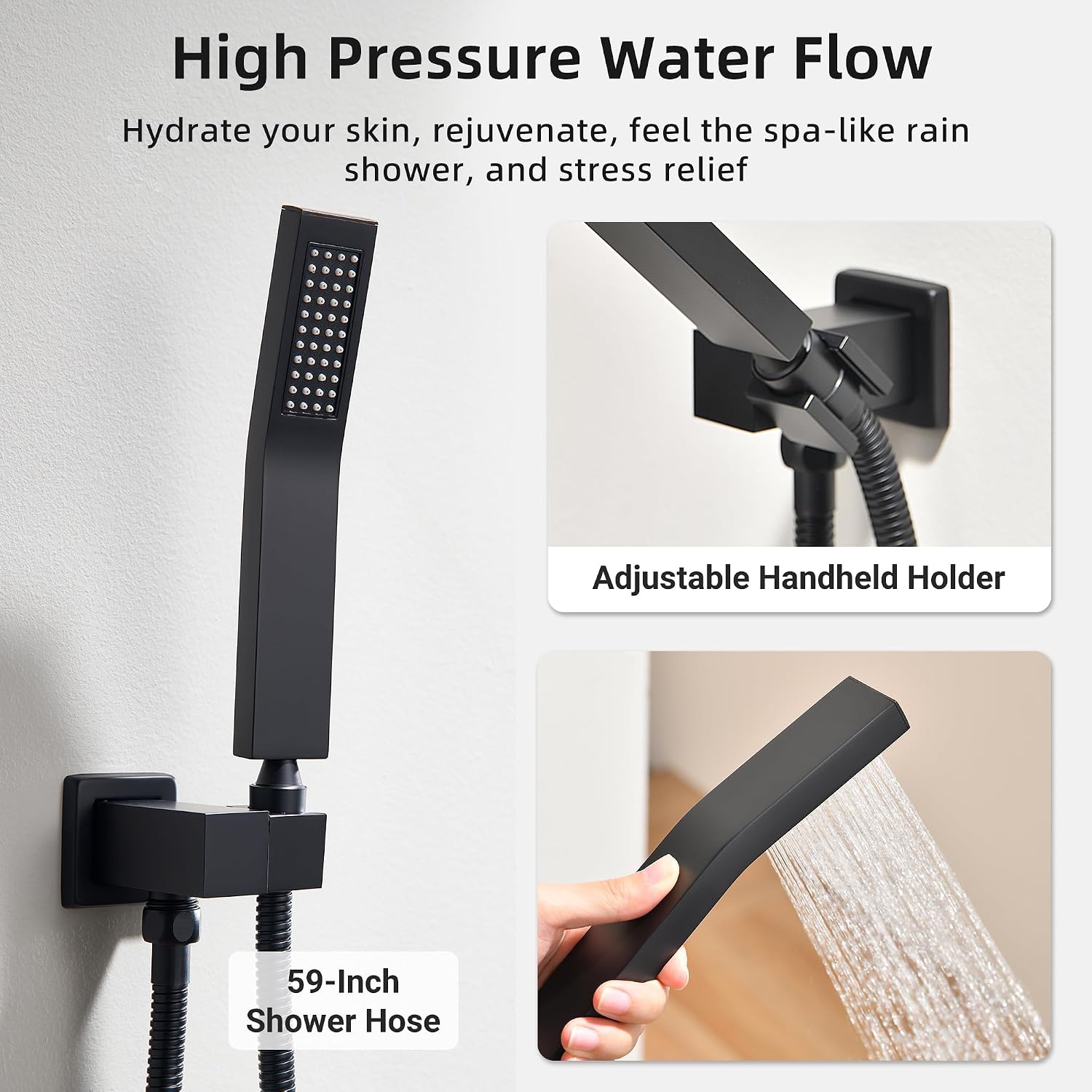 Dasan Matte Black Dual Shower Heads System with Ceiling 12-Inch Rainfall Shower & Wall Mount 6-Inch High Pressure Shower Head, Full Body Dual Shower Set with Handheld Sprayer, 3-Function Shower Faucet