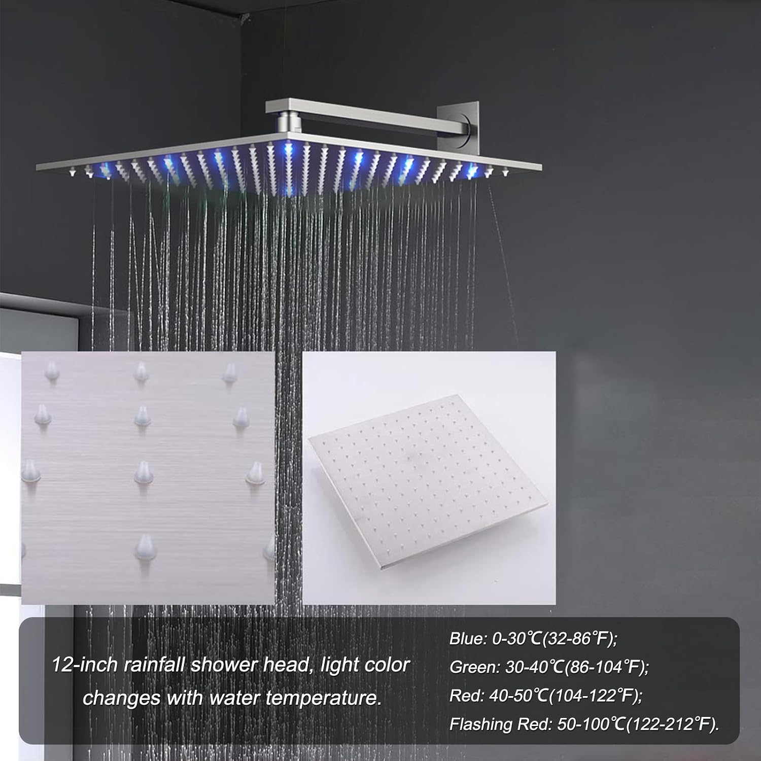 4 Way Thermostatic Shower System with Tub Spout, Handheld Spray, 6 Body Jet, 12 inch LED Rainfall Shower Head, Brushed Nickel