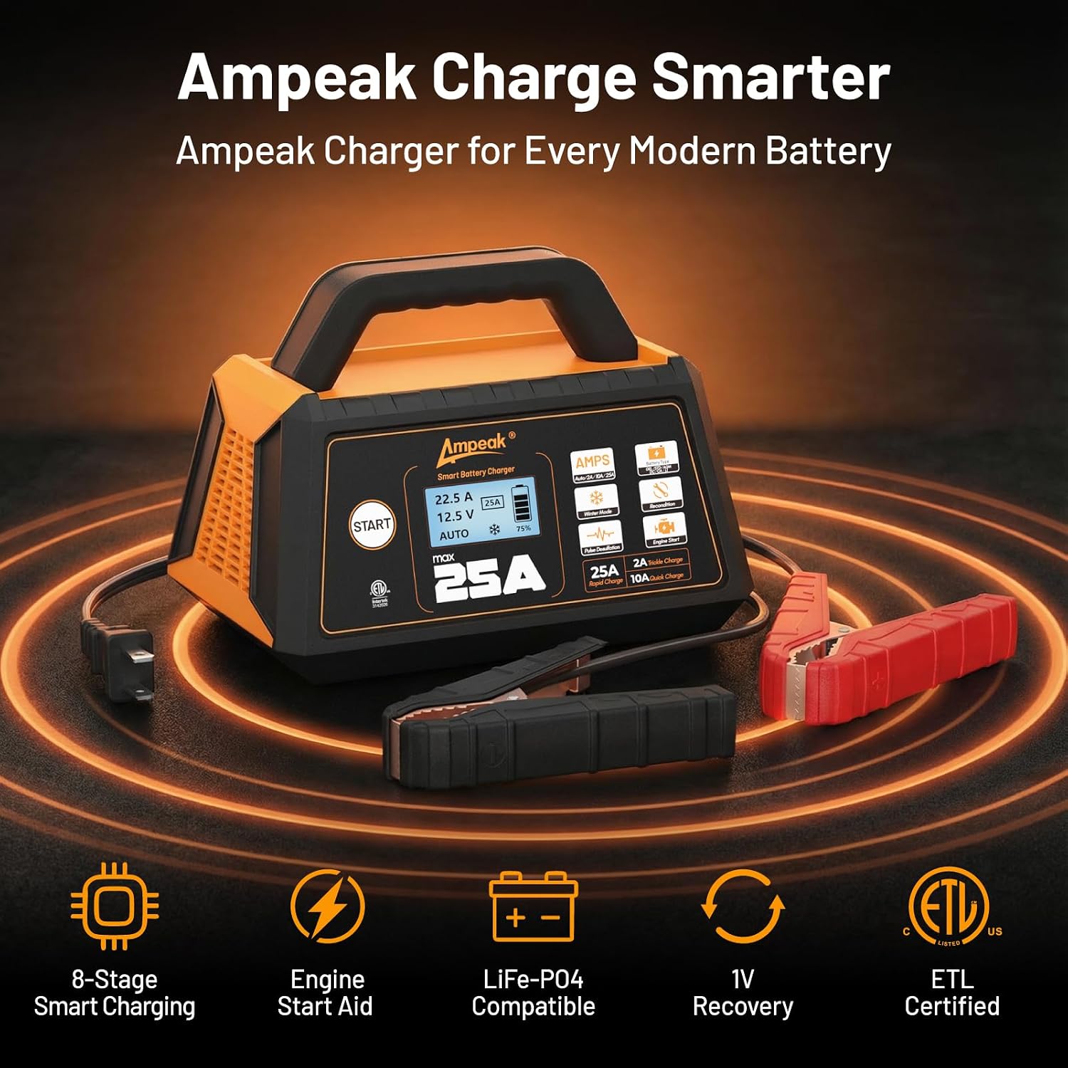 Ampeak 25A 12V Battery Charger and Trickle Charger, 2A/10A/25A Automatic Battery Maintainer with Winter Mode & Auto Desulfator for Car, Truck, Lead-Acid, LiFePO4 Batteries
