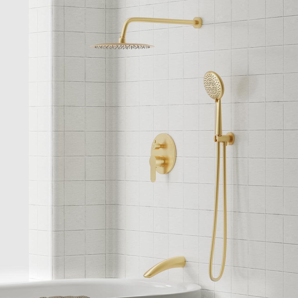 Gabrylly Shower System with Tub Spout, Bathtub Shower Faucet Set with 12' Rain Shower head and 5-Setting Handheld Shower, Wall Mounted Shower Fixtures with Pressure Balance Shower Valve, Brushed Gold