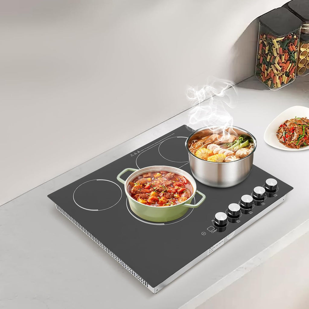 Induction Cooker, Built-In Electric Cooktop 4 Burners Electric Stove Top, 3400W Microcrystalline Panel Cooktop, 5 Power Levels, Knob Control, LED Screen, Child Safety Lock,110V