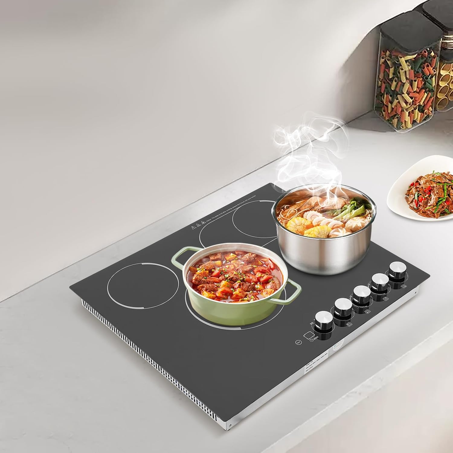 Induction Cooker, Built-In Electric Cooktop 4 Burners Electric Stove Top, 3400W Microcrystalline Panel Cooktop, 5 Power Levels, Knob Control, LED Screen, Child Safety Lock,110V