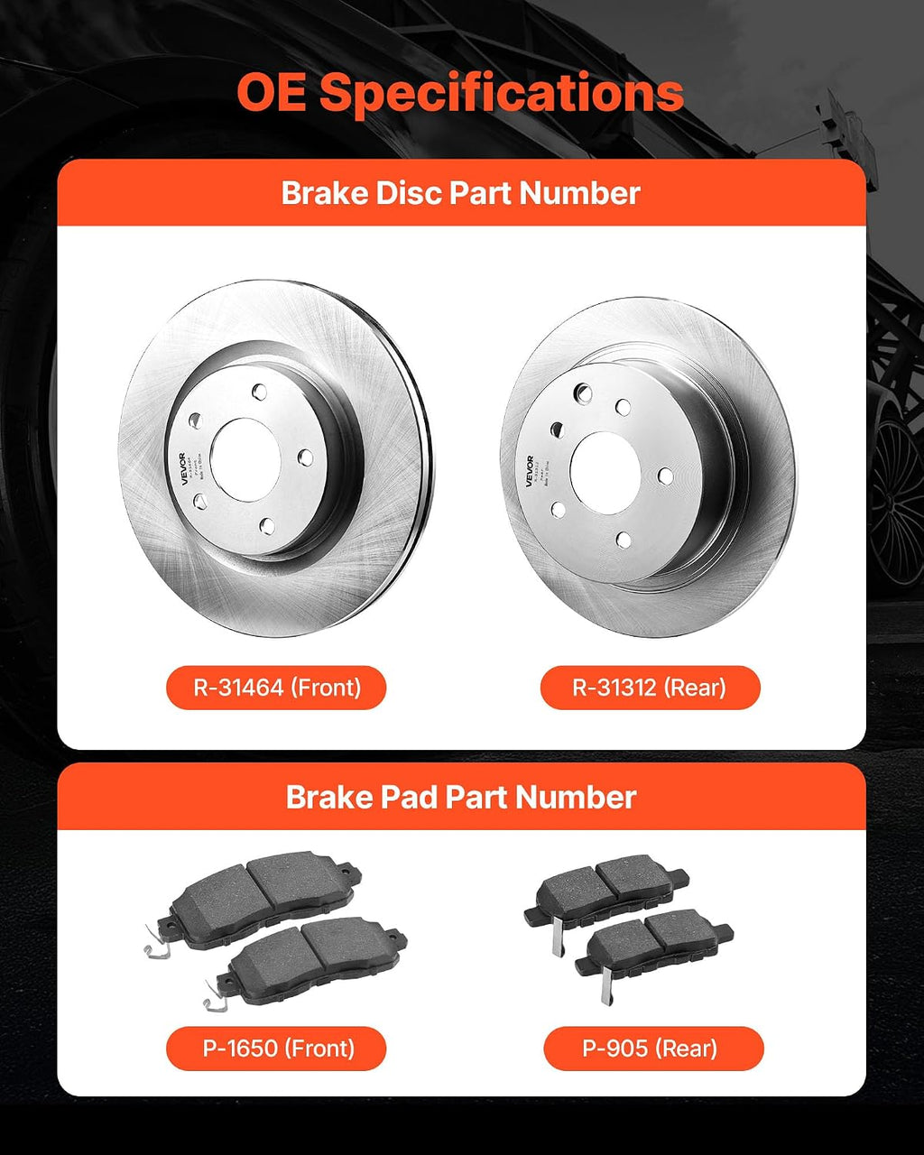 VEVOR Front and Rear Brake Kit Compatible with 2013 Nissan Altima (Base, SL, SV & S Sedan), 2014-2018 Nissan Altima, 2019-2023 Nissan Altima (with Manual Parking Brake), Hollow Structure Front Rotors